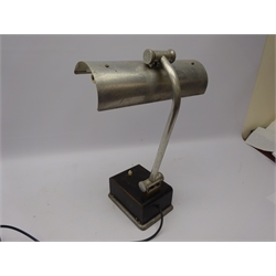  Art Deco industrial chrome and cast metal desk lamp with adjustable stem on rectangular base, H49cm x W35cm   