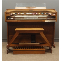  Thomas celebrity electric organ, mahogany body, (W138cm, H110cm, D72cm) and stool  