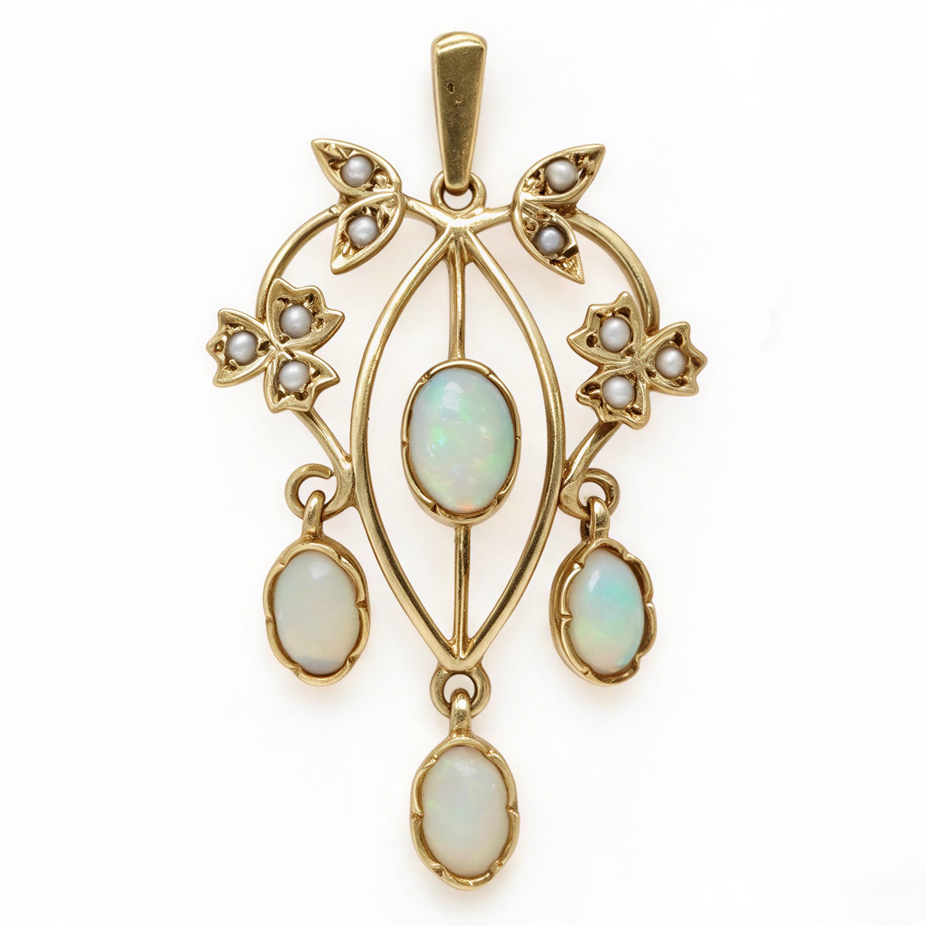9ct gold opal and seed pearl pendant, set with four oval cabochon cut opals and ten seed pearls in a floral openwork setting