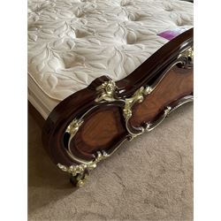 Rococo style 6' Super Kingsize bed, ornate shaped and floral design in wood finish, upholstered buttoned headboard, decorated with scrolled foliate and flower heads, together with mattress