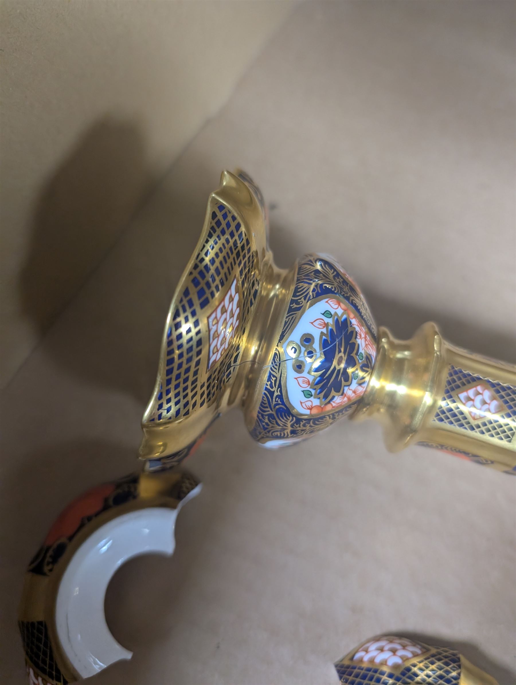 Pair of Royal Crown Derby Imari Pattern Candlesticks, numbered 1128, H27cm