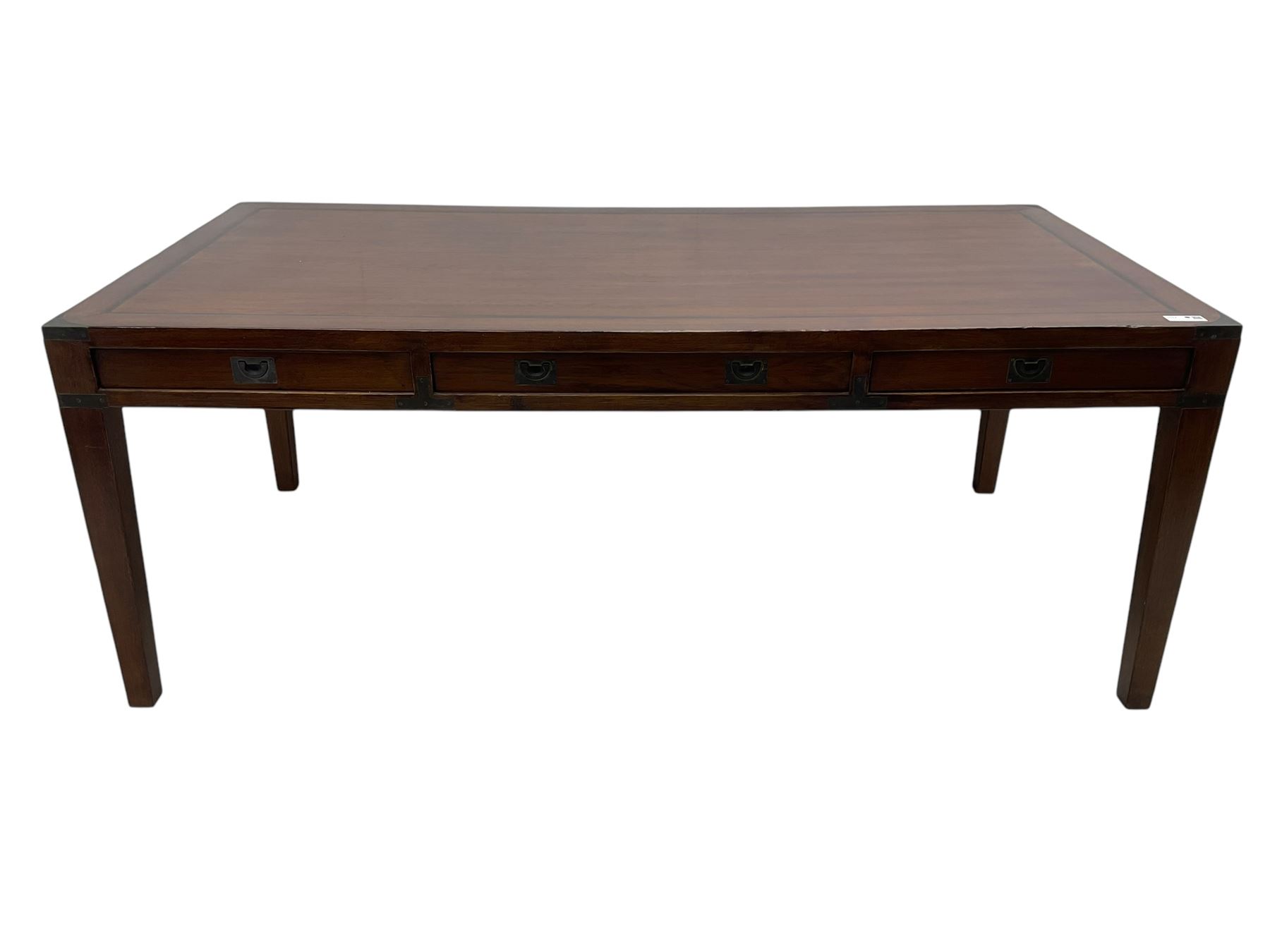 20th century military campaign design oak office or dining table, rectangular top with ebony banding and metal mounted corners, fitted with six drawers with recessed handle plates, on square tapering supports