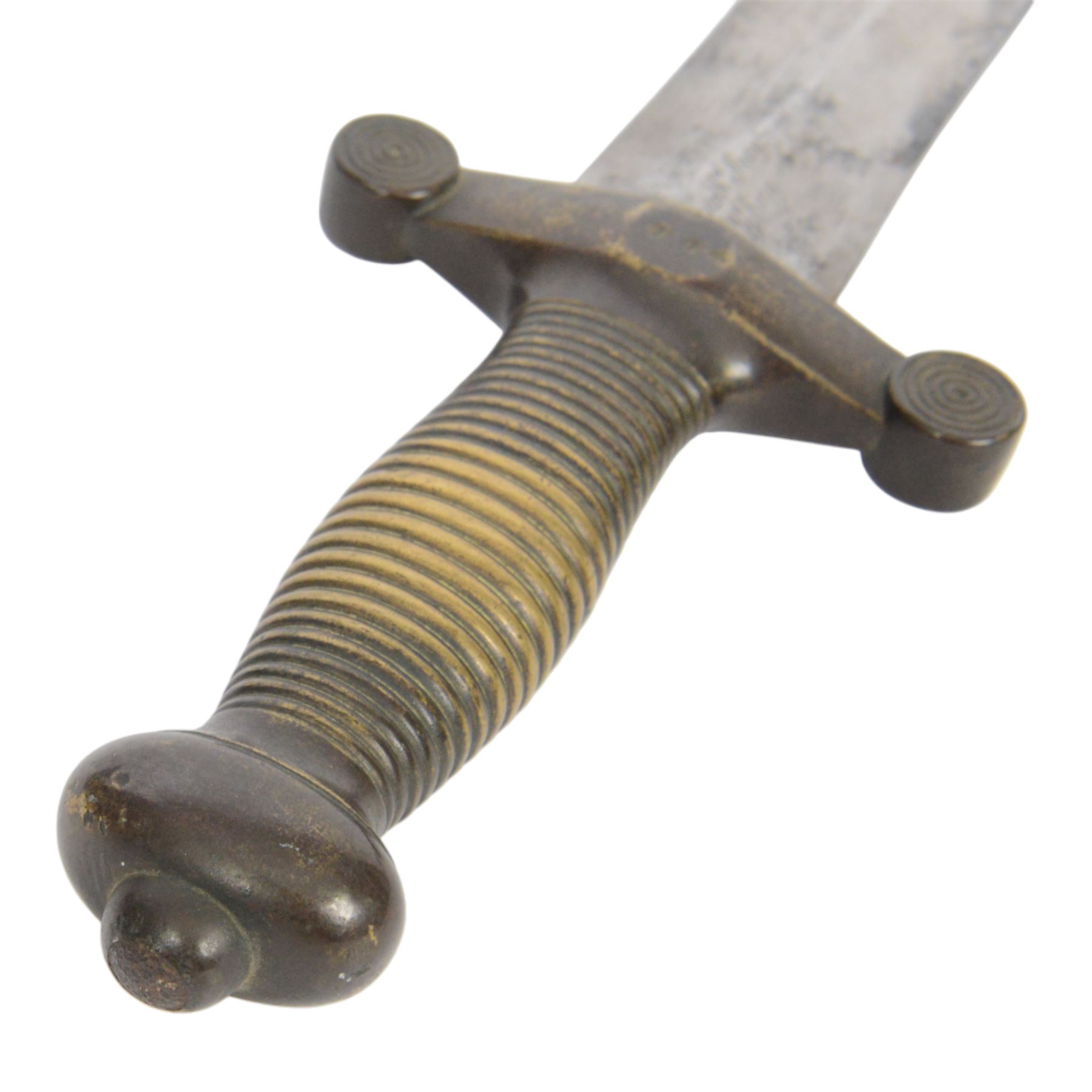 French 1832 Pattern Gladius short sword, the 49cm double edged blade inscribed to the ricasso, cast brass hilt with groove grip and short quillons, brass mounted leather scabbard, scabbard and sword both marked 994, overall L66cm