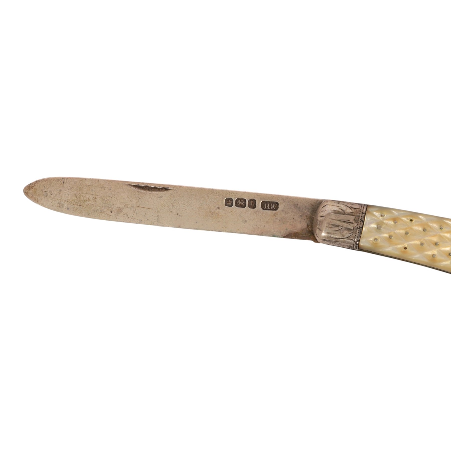 Victorian silver and mother of pearl folding fruit knife, hallmarked