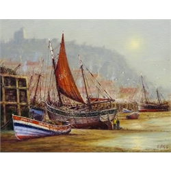 Jack Rigg (British 1927-): 'Yorkshire Yawl - Old Scarborough Harbour', oil on canvas signed, titled verso 35cm x 45cm


