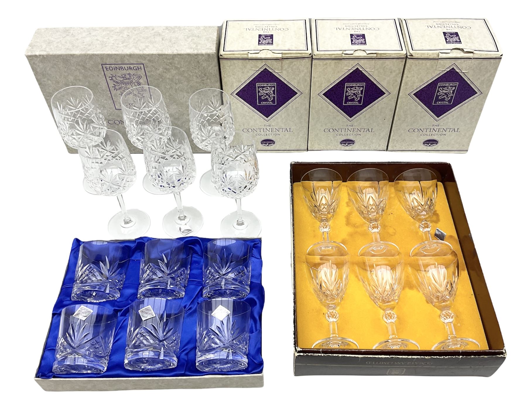 Set of six Edinburgh Crystal 'Continental' glass tumblers with original box, along with three boxed pairs of matching wine glasses and further boxed set of Cathedral Crystal glasses