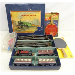  Hornby 0 Gauge tinplate clockwork passenger train set, in original box, two Dunlop and another vintage unused table tennis bats in original packaging and a darts   