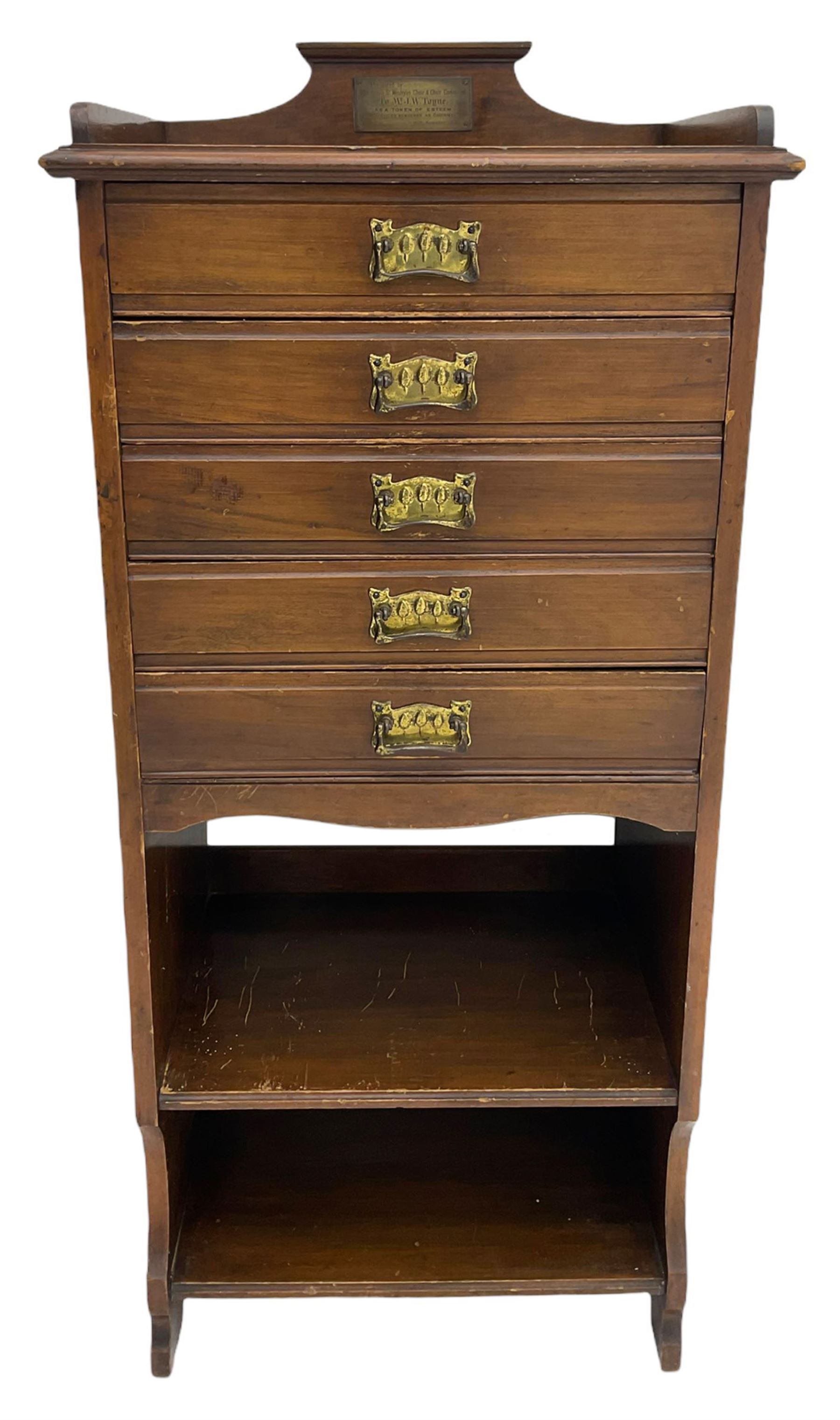 Edwardian walnut sheet music cabinet, raised back with plaque inscribed 