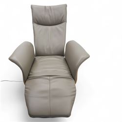Hjort Knudsen - Danish electric reclining and swivel armchair upholstered in pewter leather, raised on a plywood frame above a five point base