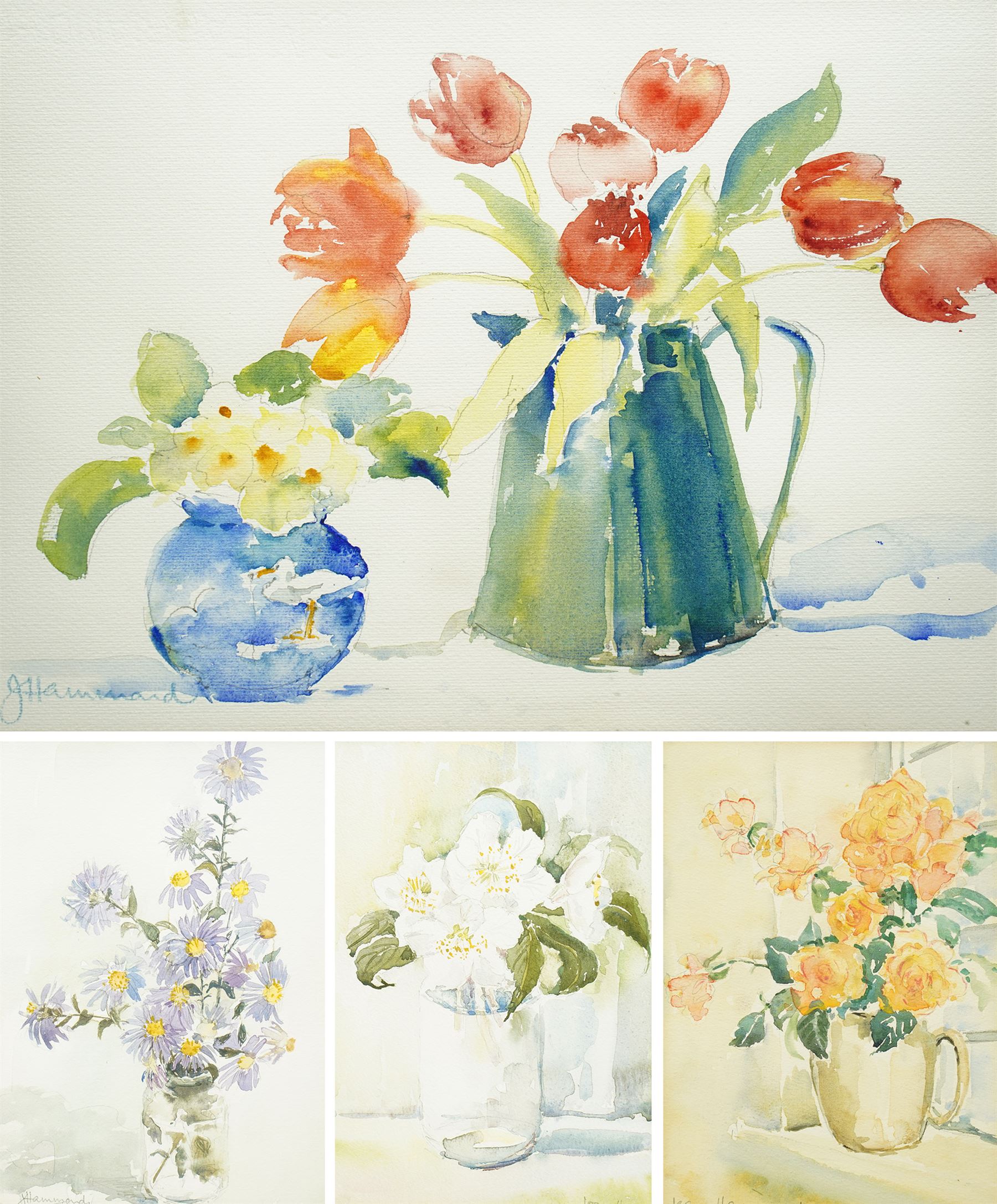 Jean Hammond (British 20th century): Still Life of Flowers in Vases, set four watercolours signed max 24cm x 33cm (4)