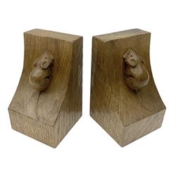 Mouseman - pair of adzed Yorkshire oak bookends, carved 'Fat' mouse signature, by Robert Thompson of Kilburn, H15.5cm