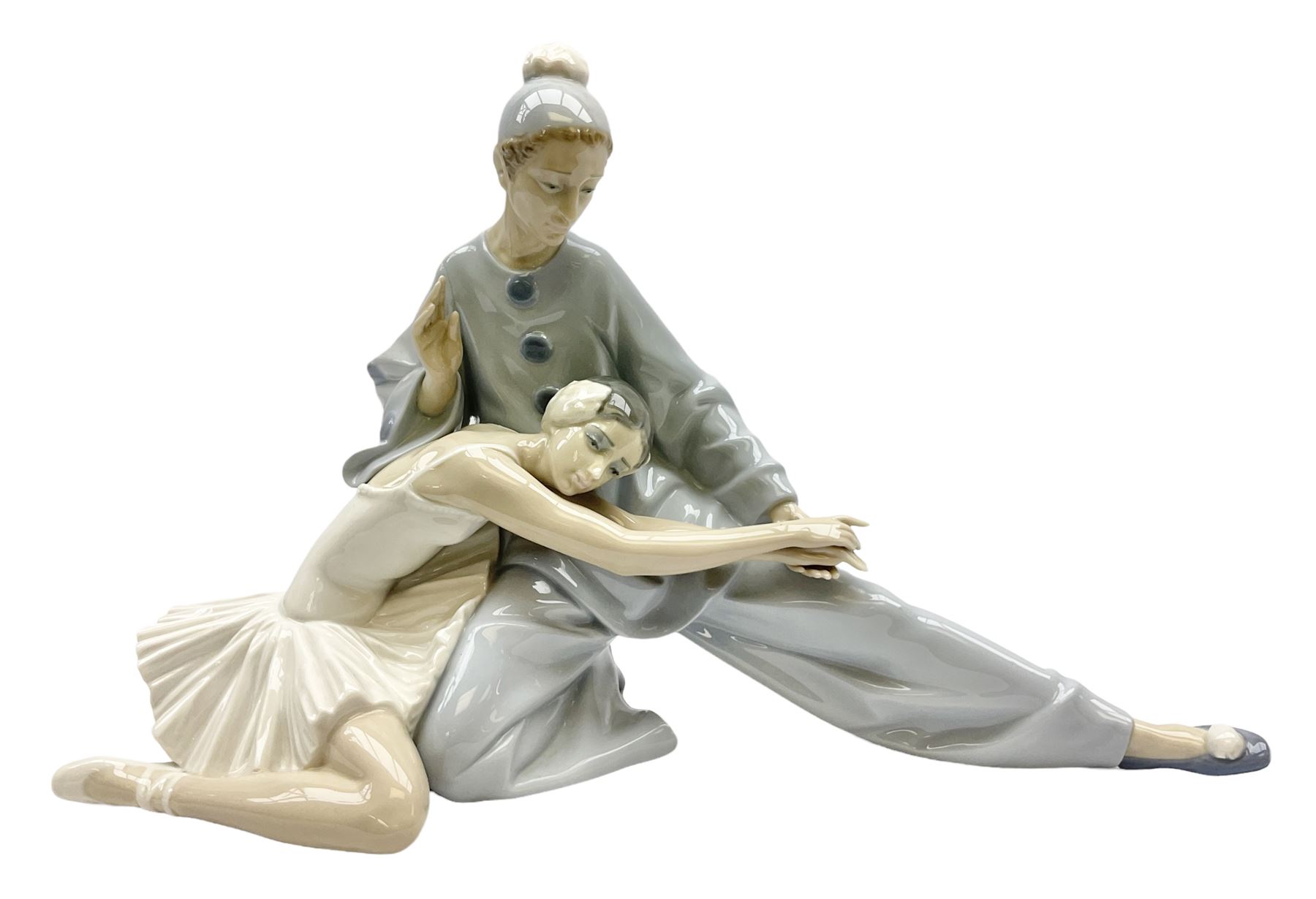 Lladro figure, Closing Scene, modelled as a clown and ballerina, year issued 1974, year retired 1996, no 4935, H24cm 
