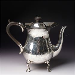 Silver matched five piece tea and coffee set of baluster form engraved with a monogram on shaped supports Sheffield 1913, the teapot 1911, the coffee pot 1924 Maker Mappin & Webb