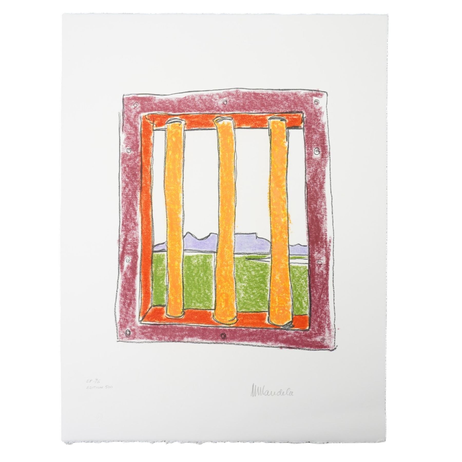 Nelson Rolihlahla Mandela (South African 1918-2013): 'My Robben Island' - ' 'The Church' 'The Lighthouse' 'The Cell' 'The Window' 'The Harbour' 'Motivation', set of six lithographs in colours signed and numbered EP 5/10 edition 500 in pencil with blindstamp, pub. by the Belgravia Gallery, 2002,  66cm x 50cm, together with original box (6) (unframed)