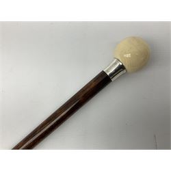 Early 20th century walking cane with turned ivory 'Snooker Ball' handle, inset with red and white enamel ensign, probably shipping line and silver collar by Henry Tracy & Sons, London 1919