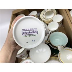 Coalport 'Persian Flower' part tea service for four, together with Elizabethan 'Cavendish' cups and saucers, Border Fine Arts dog figure, other teawares and ceramics, metalware etc in two boxes