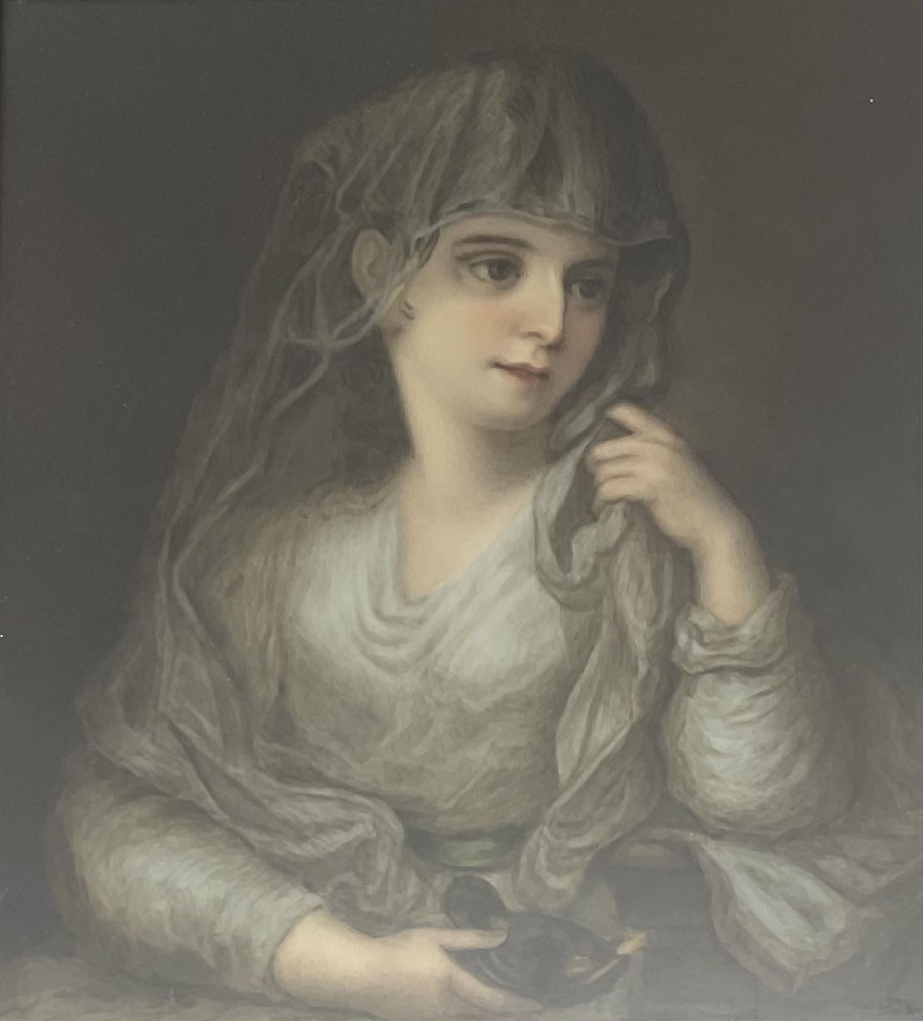 After Angelica Kauffman (Swiss 1741-1807): Portrait of a lady as Vestal Virgin, painted porcelain plaque unsigned 20cm x 17cm