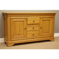  Solid light oak sideboard, two panelled cupboards and three drawers, W151cm, H86cm, D48cm  