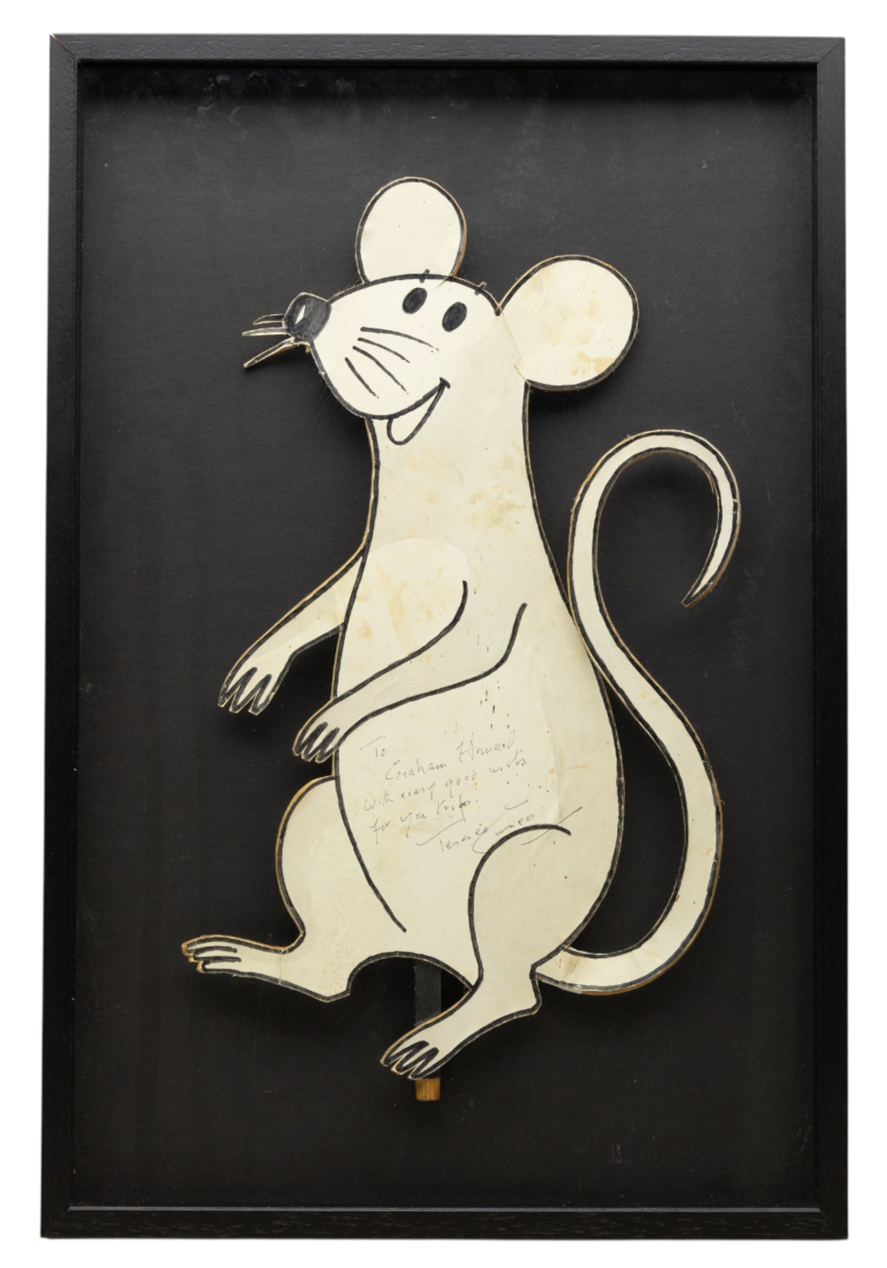 Terence Cuneo (British 1907-1996): Mouse, ink and wash on paper inscribed and signed, on backing 48cm x 30cm; together with a framed collection of associated ephemera, including photographs, press cuttings, competition flyer, Pullman luncheon tickets and menu, documenting the event and prizewinner’s excursion
Notes: the mouse is the original artwork affixed to the locomotive for the 1985 British Rail Marylebone Mouse Hunt, as pictured in the photograph