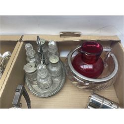 Uranium green glass vase, together with cranberry glass jug, glass dish with silver plate rim, glass cruet set etc, in two boxes 