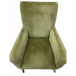 Early 20th century beech framed armchair, upholstered in green fabric, square tapering front supports, brass and ceramic castors