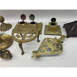 Brass desk double inkwell, another brass inkwell with foliate decoration, cast iron and brass pot stand and more brassware etc