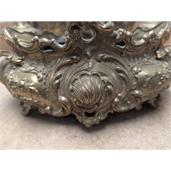 Brass twin handled planter, pair of pierced brass bottle neck vases and three other brass vases