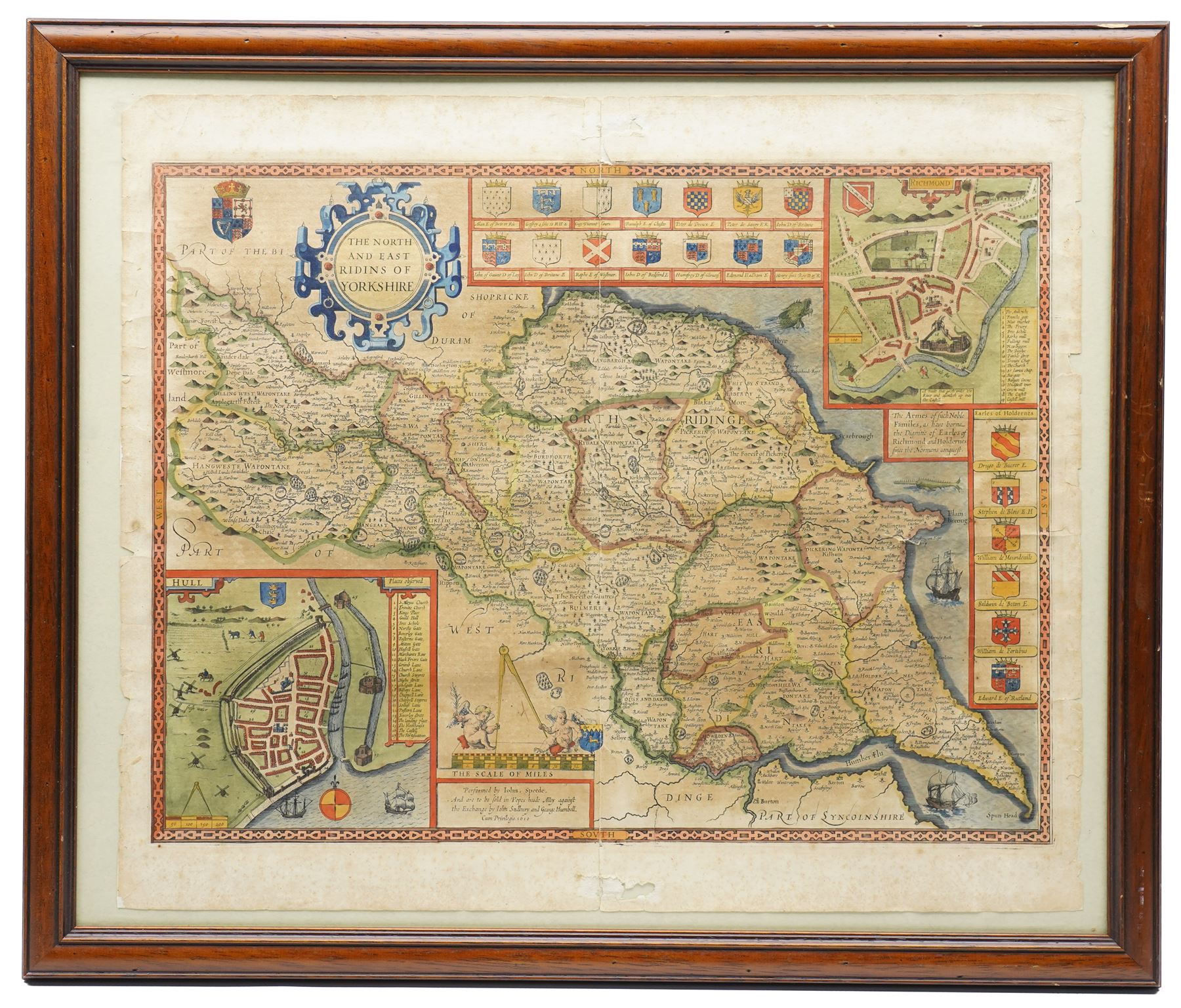 John Speed (British 1552-1629): 'The North and East Ridings of Yorkshire', 17th century engraved map with hand-colouring with inset plans of Richmond and Hull and numerous armorials, Latin text verso pub. by John Sudbury & George Humble c.1611-1616, 47cm x 55cm