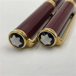 Montblanc Noblesse Oblige fountain pen, the maroon barrel and cap with gilt clip and mounts and nib stamped 585 14K/ct, together with a matching ballpoint pen, largest L14cm (2)