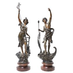 Pair of 19th century spelter male and female figures representing agriculture and fiscing ...