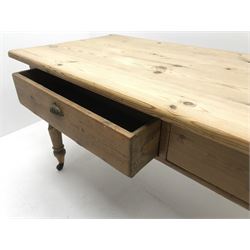 Large rectangular solid pine farmhouse table, two drawers,  turned supports