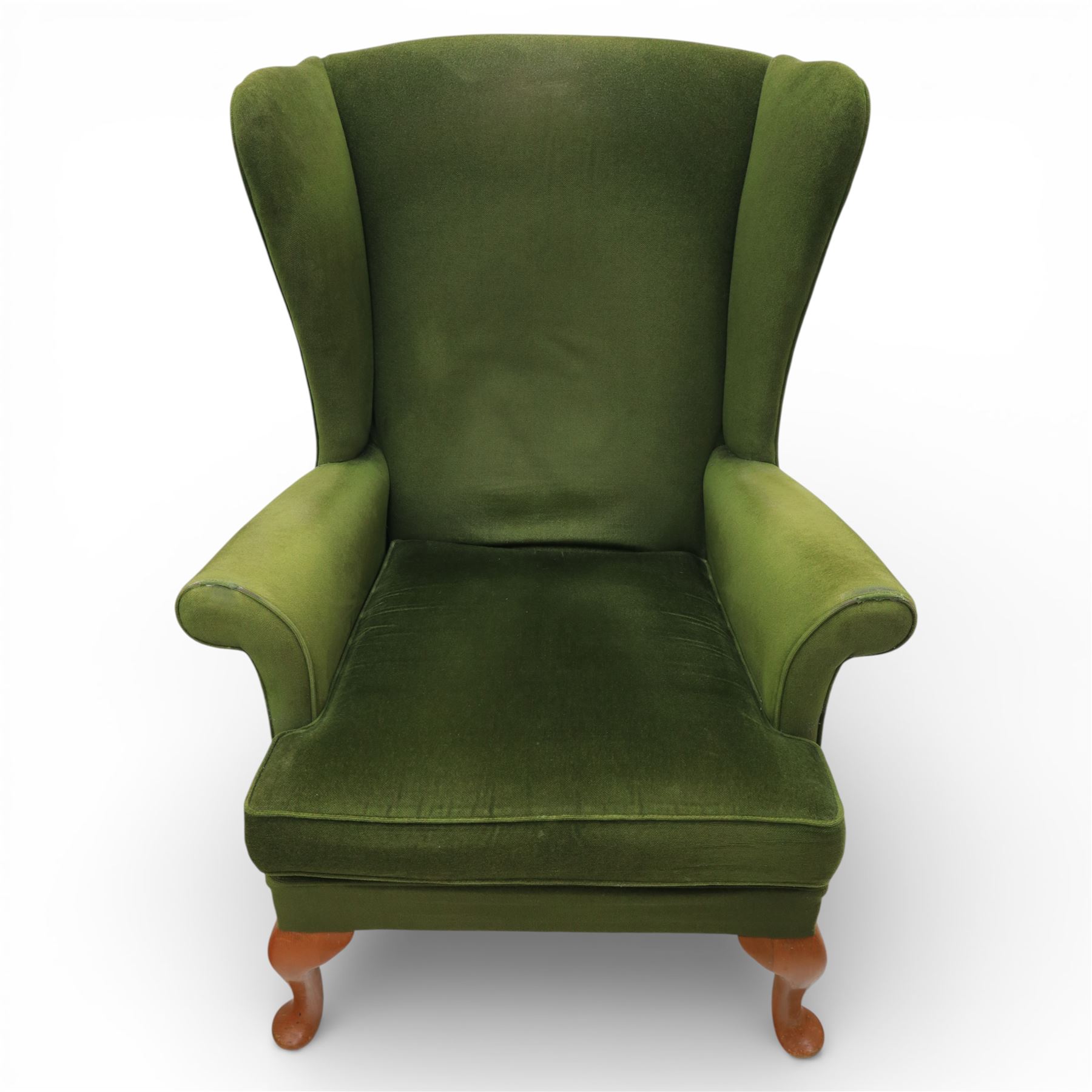 Parker Knoll - pair of 'Penhurst' wingback armchairs upholstered in olive green fabric, on light stained supports 