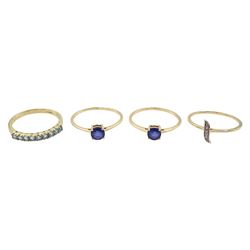 Four 9ct gold stone set rings including sapphire and diamond, all hallmarked