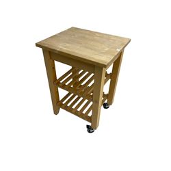 Beech kitchen trolley, rectangular top over two slatted under-tiers, on castors with brakes
