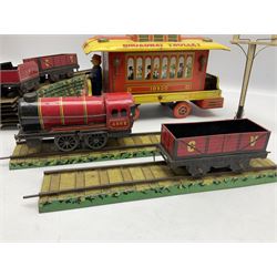 Chad Valley '0' gauge - clockwork tin-plate train set comprising LMS 0-4-0 tender locomotive No.3402 with two open wagons, loop of track and wooden signal; unboxed; and Japanese battery operated tin-plate Broadway Trolley bus No.10430