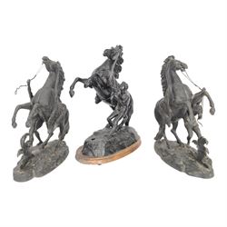 Three spelter Marley Horse figures, after Guillaume Coustou, each modelled as a rearing ho...