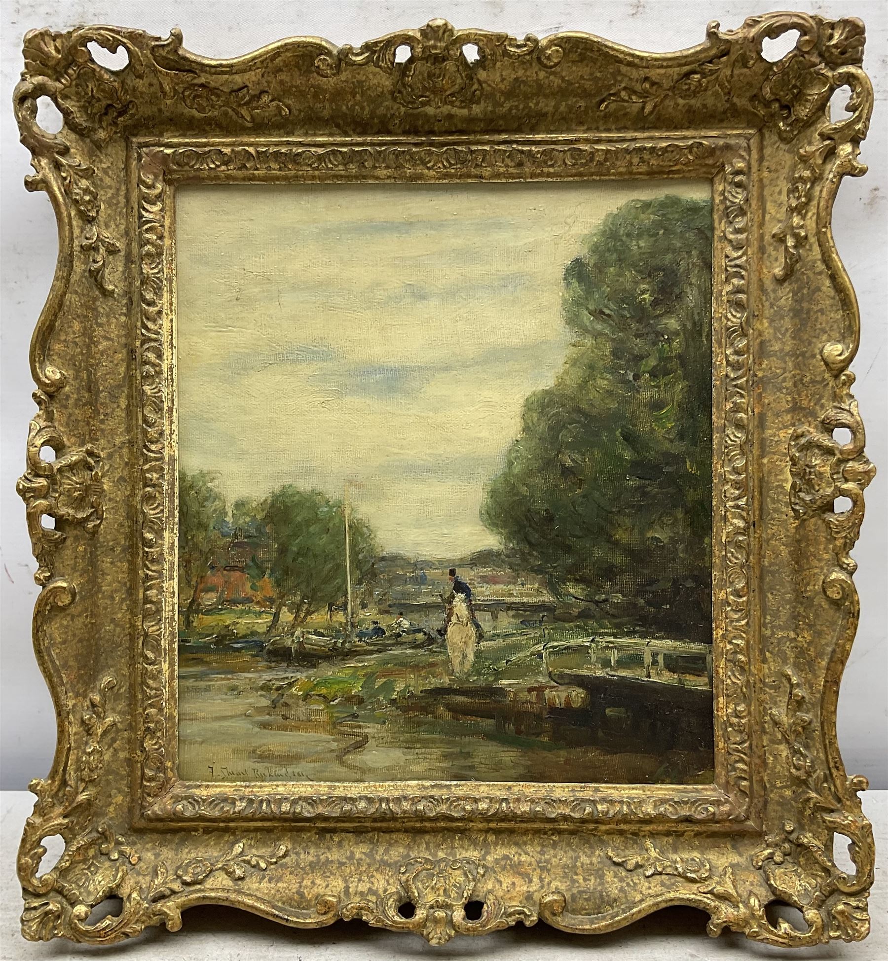 Frederic Stuart Richardson (Staithes Group 1855-1934): Upon Horseback by the Canal Side, oil on canvas signed 26cm x 23cm 
Provenance: exh. Phillips & Sons, Marlow, label verso