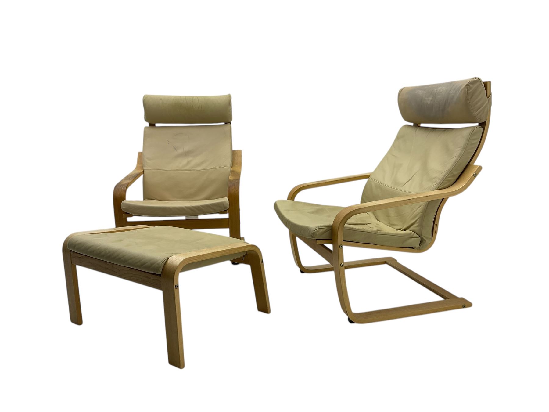 Ikea - pair of 'Poang' cantilever armchairs, upholstered in tan leather; complete with matching footstool (3)