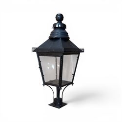 Pair of Victorian design black painted 'street' lamps, and a satin chrome light fitting