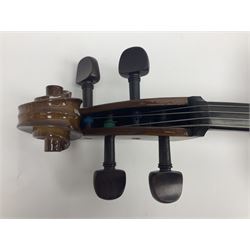 Stentor Student I quarter-size cello with 59.5cm two-piece maple back and ribs and spruce top; bears maker's label with serial no.M076096 L95.5cm overall; in Stentor soft carrying case with bow