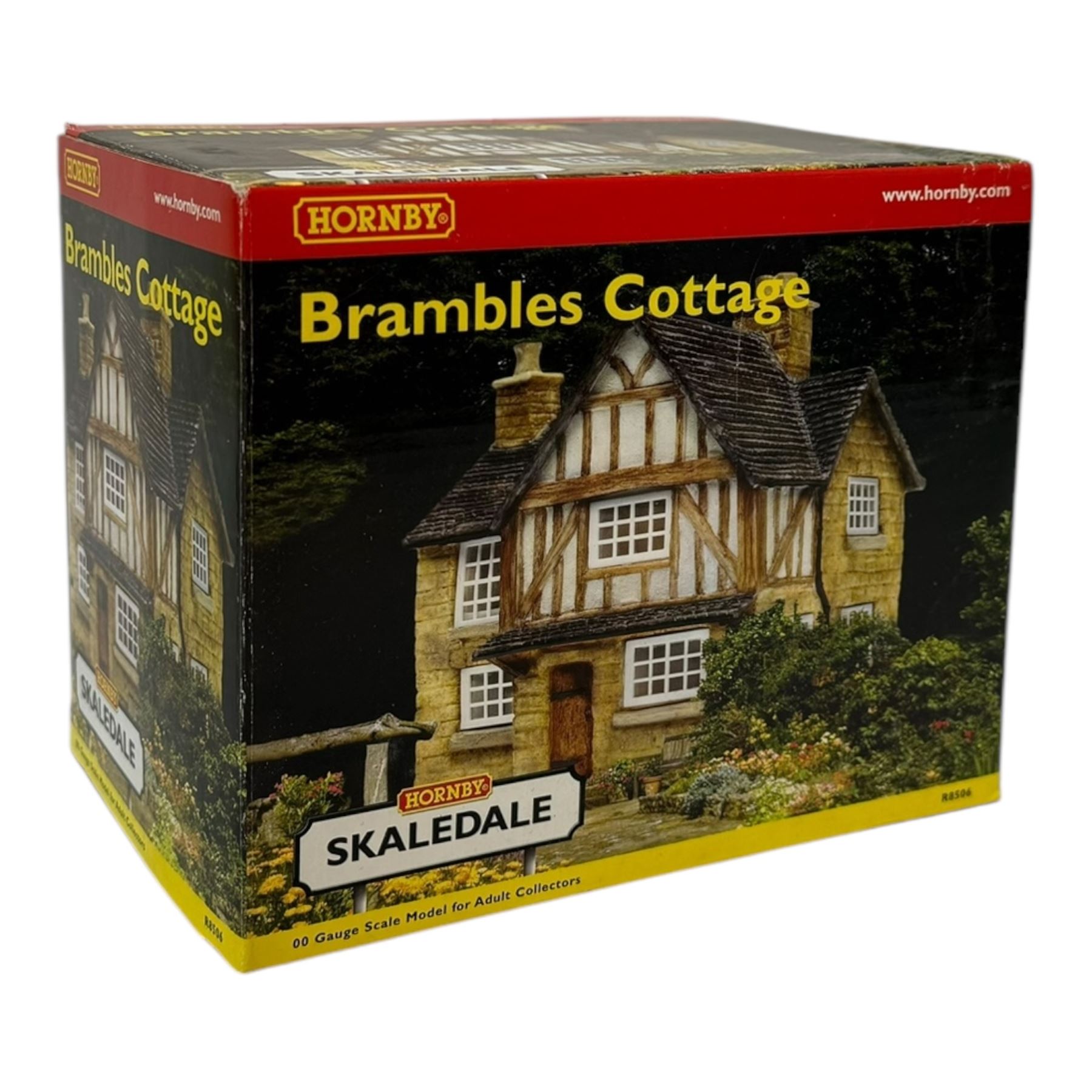 Ten Hornby '00' gauge Skaledale buildings, comprising R9834 Village Tea Rooms, R8506 Brambles Cottage, R8507 Platt's General Store, R8503 St Michaels School, R9769 The Pine Shop, R8641 Platform Footbridge, R8639 Water Tower, R8587 Coal Stage, R8589 Level Crossing Signal Box and R8638 Platform Shelter, all boxed