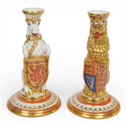 Pair of Minton Mulberry Hall , Queens Beasts silver jubilee commemorative candlesticks, wi...