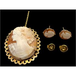9ct gold cameo brooch and a pair of 9ct gold cameo earrings, all hallmarked 