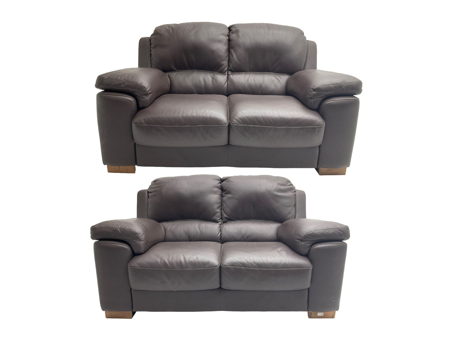 Rogers of York - pair two seat sofas, upholstered in soft brown leather