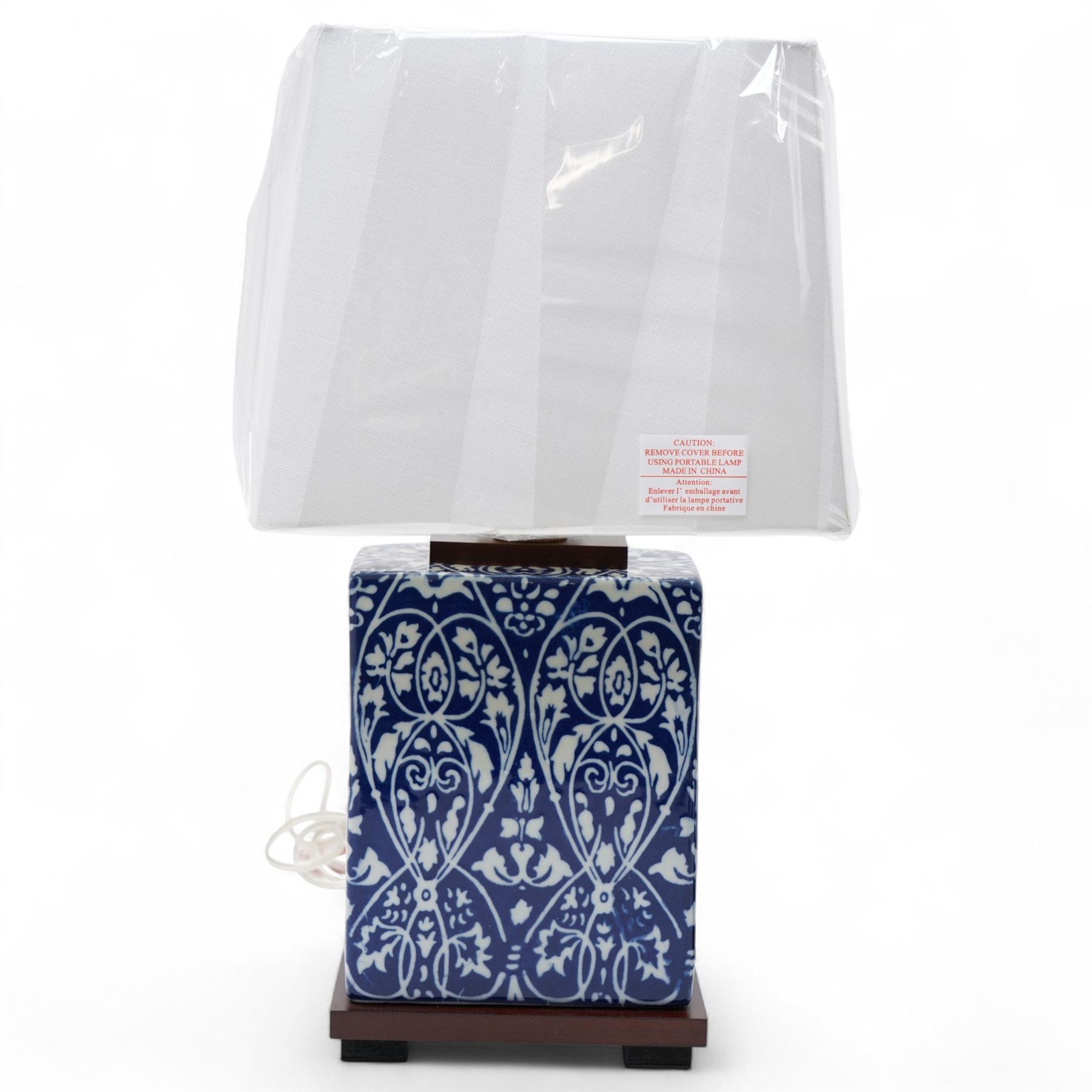 Pair of Ralph Lauren blue and white table lamps, with shades, H41cm