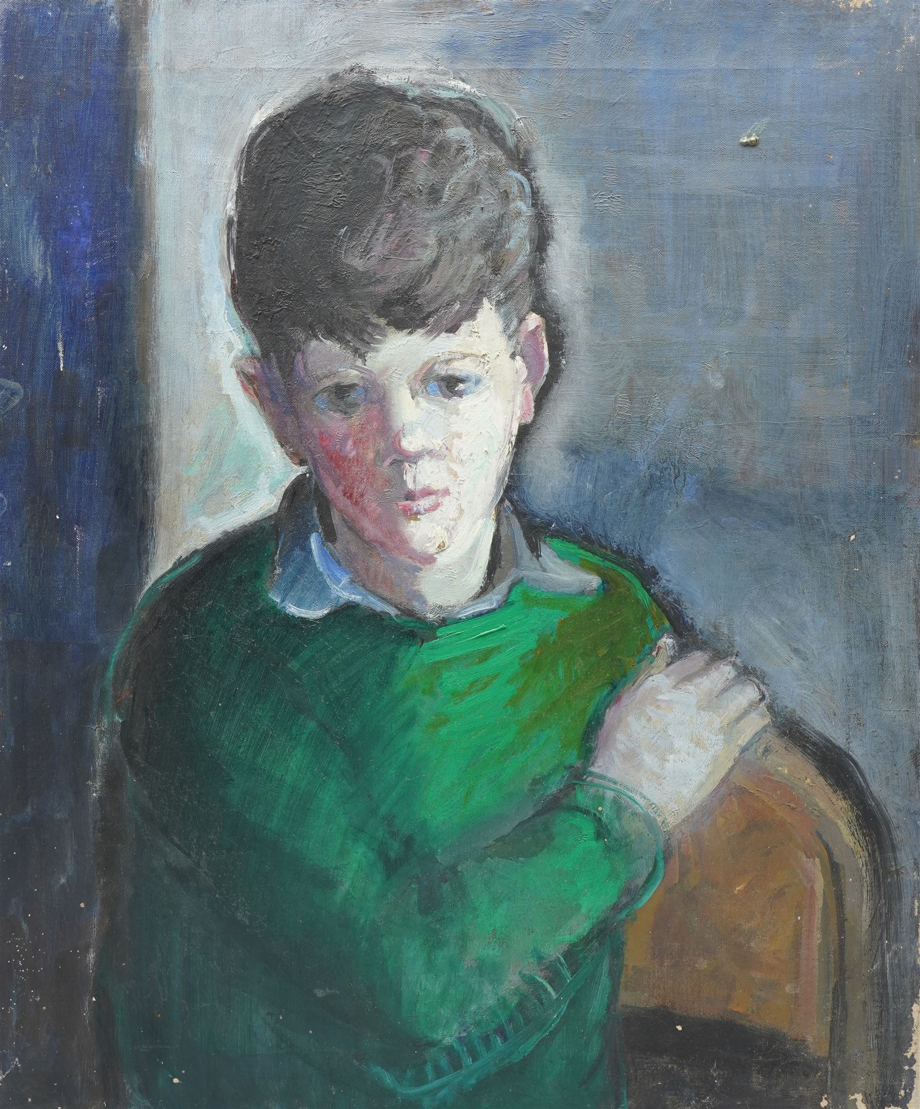 John Gilbey Bowles (British 1929-2011): Portrait of a Boy Wearing a Green Jumper, oil on canvas unsigned 61cm x 51cm (unframed)
