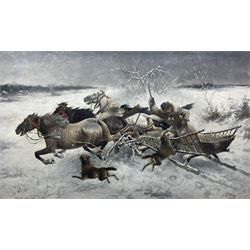 E Verestchagen (Russian 19th/20th century): Troika in the Snow, oil on canvas signed 48cm x 79cm in quality heavy gilt frame