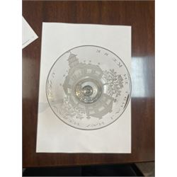 Dutch engraved Newcastle light baluster glass, circa 1760, the funnel bowl engraved with a two storey country house and church flanked by trees, beneath the inscription ‘T WELVAREN VAN LANDT ENKERK’ (The prosperity of the Country and Church), upon a multi knopped stem with beaded knop and basal knop, over conical foot, H18cm



