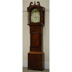  19th century mahogany longcase clock, swan neck pediment with brass eagle finial, painted arched  Roman dial with subsidiary seconds and date, signed Thomas Fletcher, Kirby, eight day movement striking the hours on a bell, H227cm   