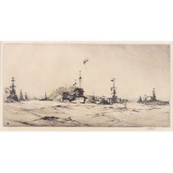 Rowland Langmaid (British 1897-1956): Newlyn and St Michael's Mount, etching signed in pencil 16cm x 30cm; Frank Henry Mason (Staithes Group 1875-1965):  Surrender of the German Fleet, etching 17.5cm x 35cm (2)
Notes: Original signature removed and wrongly attributed.
